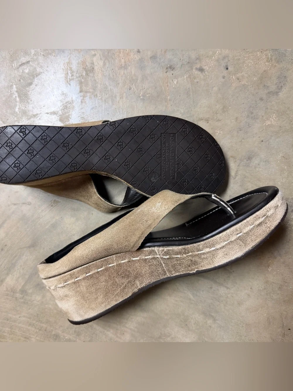 Donald J. Pliner Suede Wedge Thong Sandals - Taupe & Black